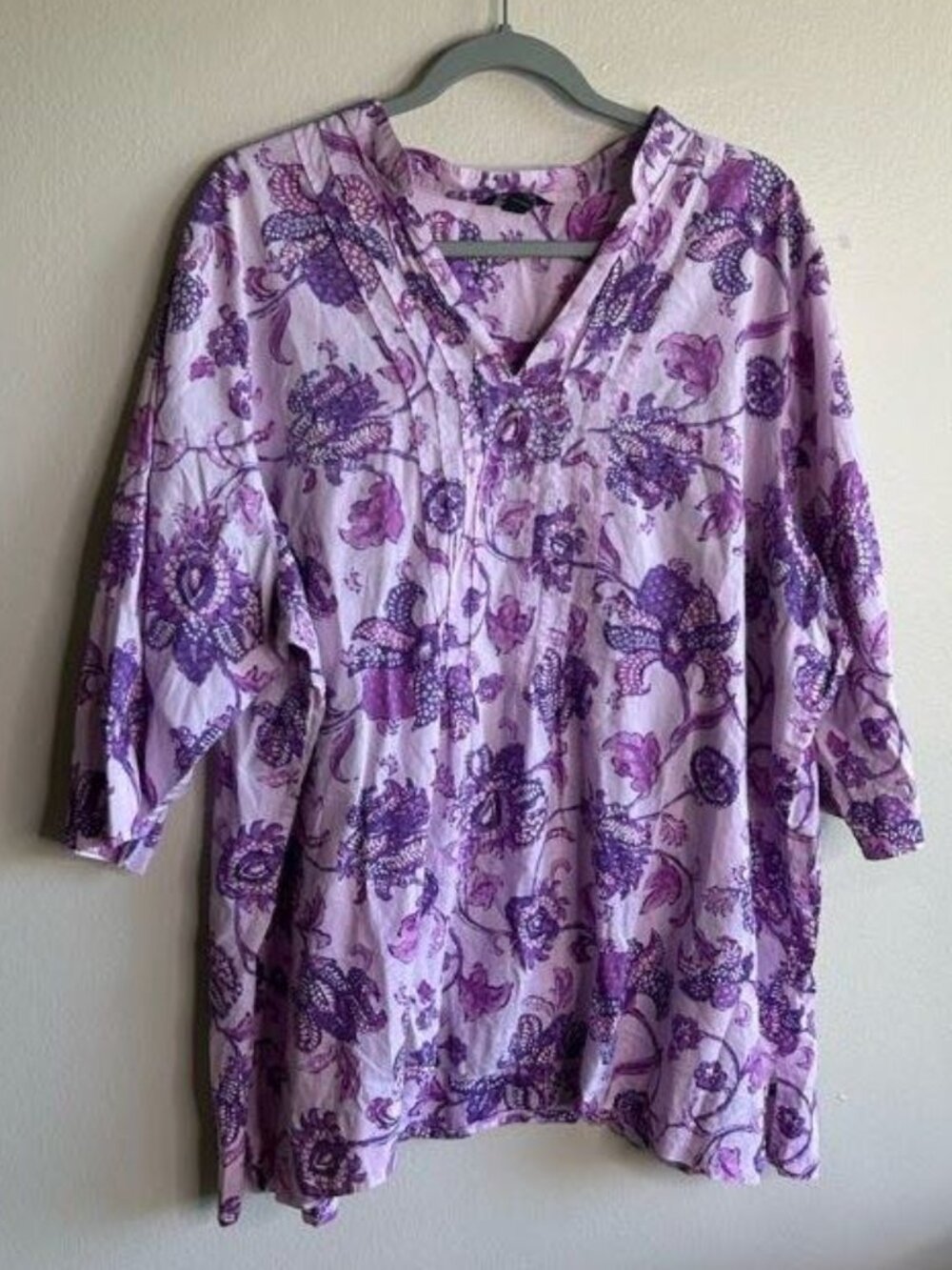 Lands End Top Womens 2X Popover Purple Floral Lightweight Cotton Pintuck Pleat - Picture 1 of 10